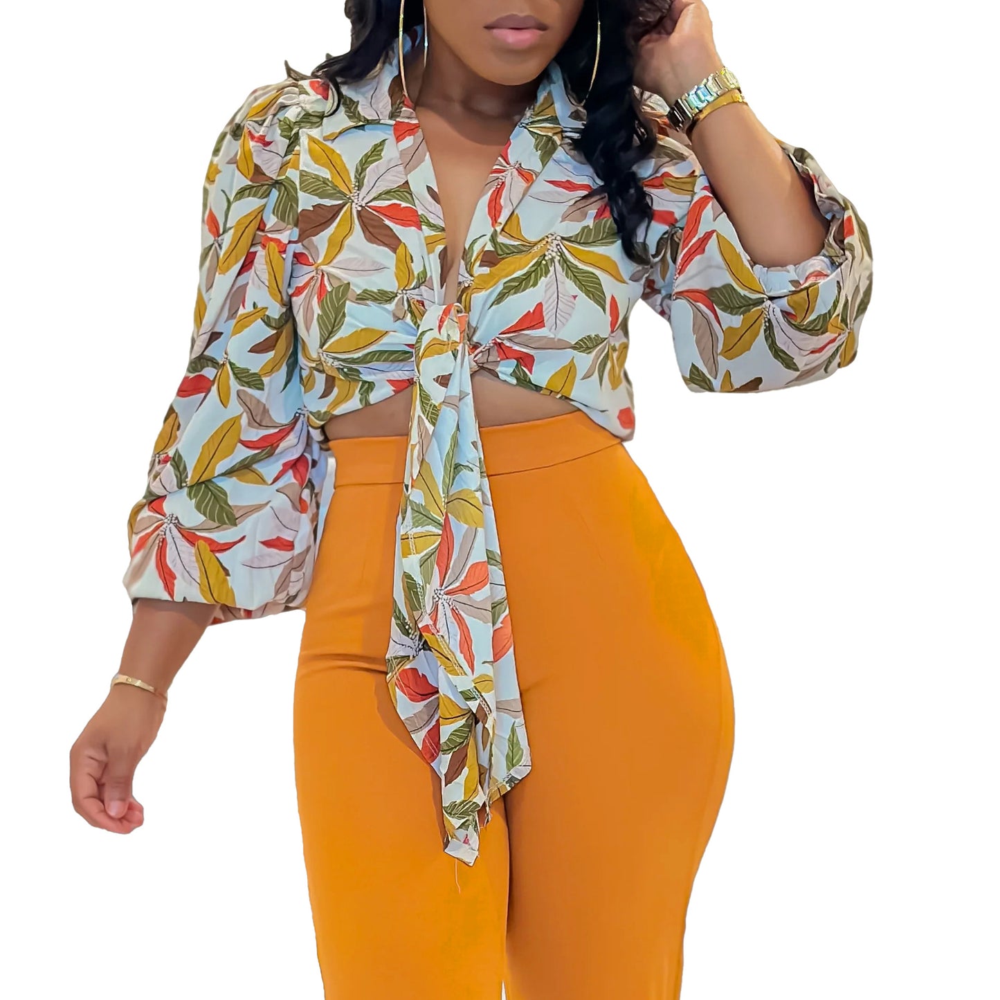 Damen Trendige Cropped Bluse mit floralem Design und Knoten-Detail Stalluxe