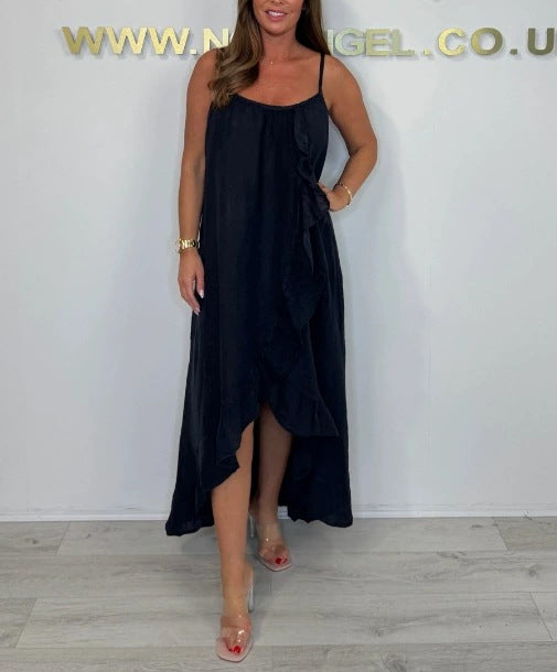 Damen luftiges Maxikleid mit asymmetrischem Saum und feinen Rüschendetails Stalluxe