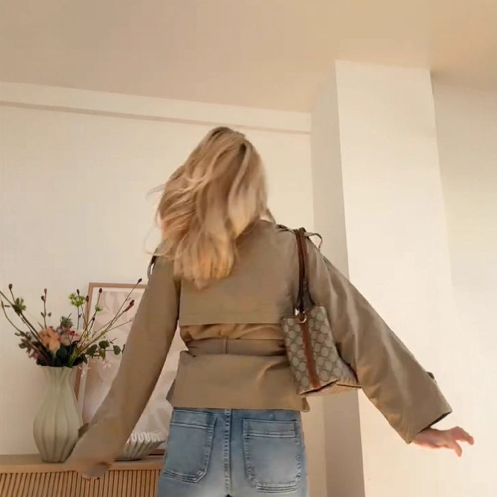Damen Modische Trenchjacke mit hohen Kragen und Wickelgürtel Stalluxe
