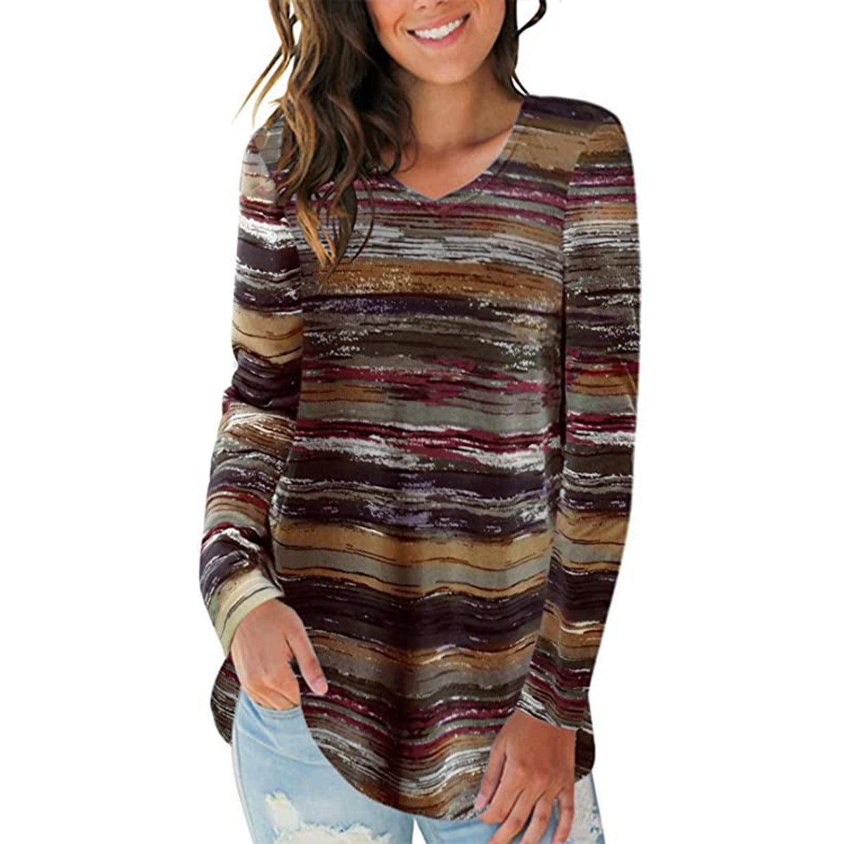 Damen V-Ausschnitt Langarmshirt mit gestreiftem Design und lockerer Passform Stalluxe