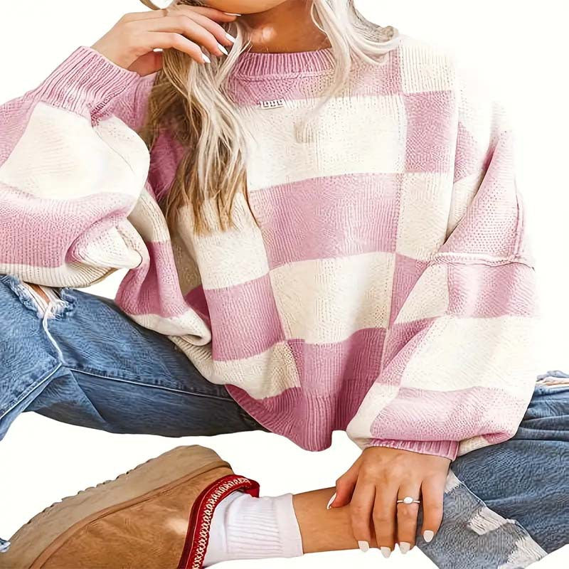 Damen lässiger pullover mit Karo-Muster und weiten Ärmeln Stalluxe