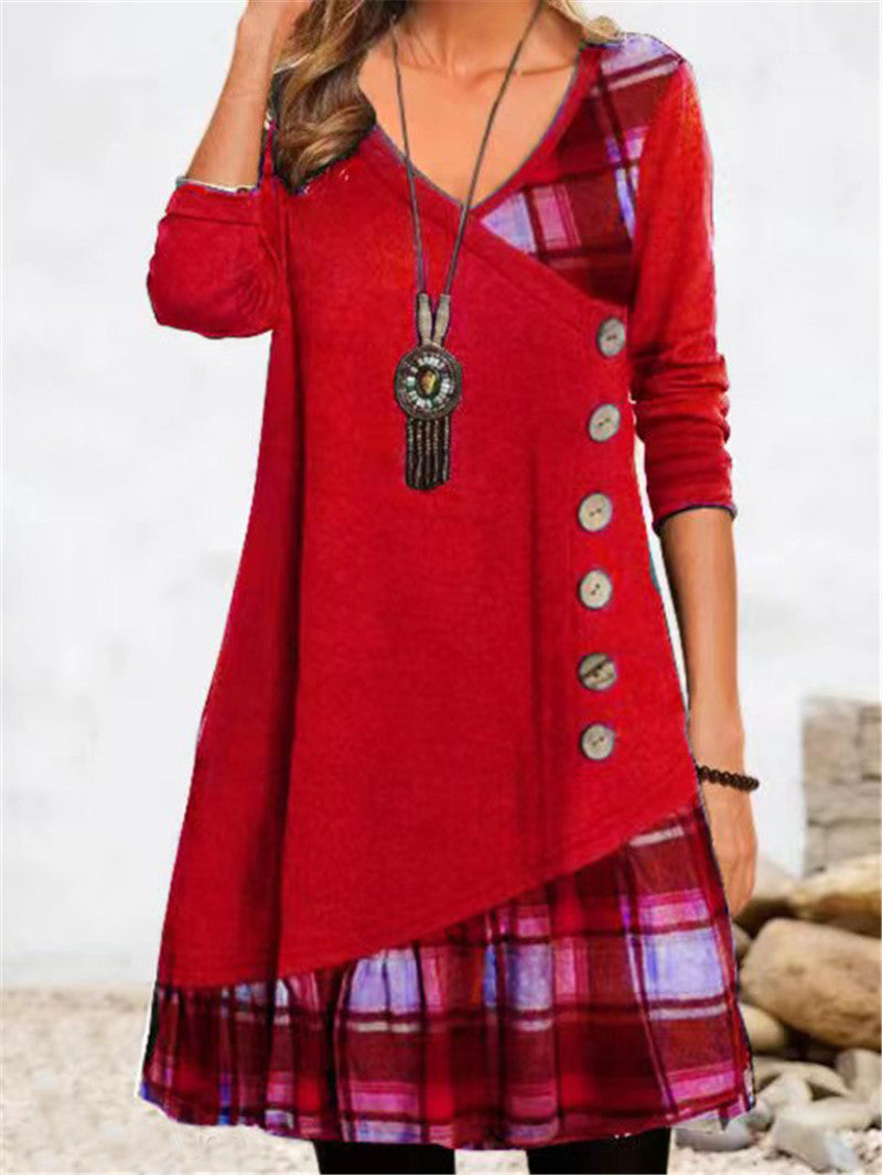Damen asymmetrisches Freizeitkleid mit kariertem Saum und Knopfdetail Stalluxe