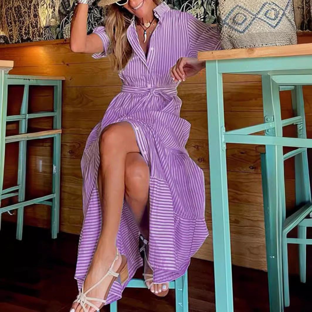 Damen Hemdblusenkleid mit lässigem Streifenmuster und Taillengürtel Stalluxe