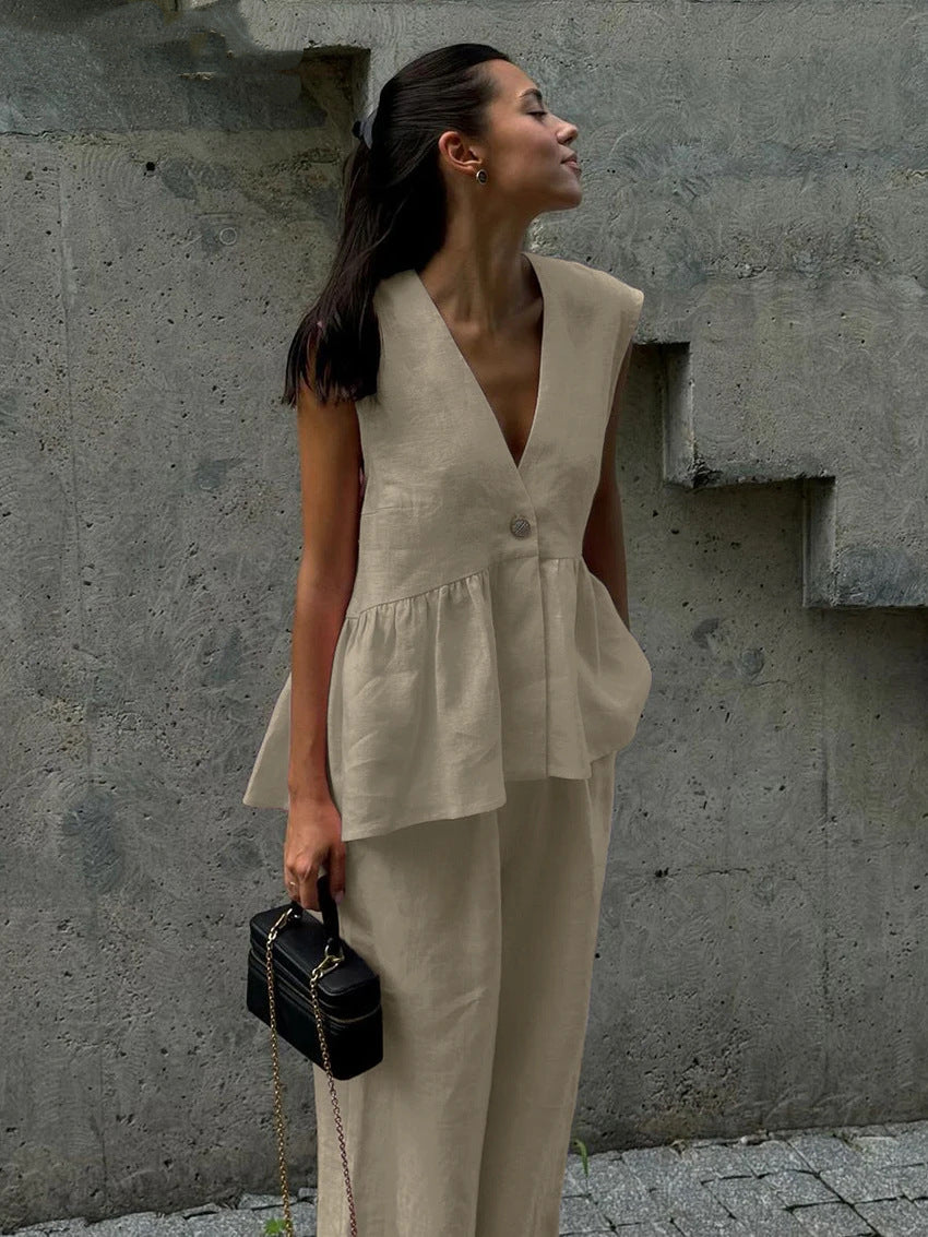 Damen luftige Leinenbluse und weite Hose Stalluxe