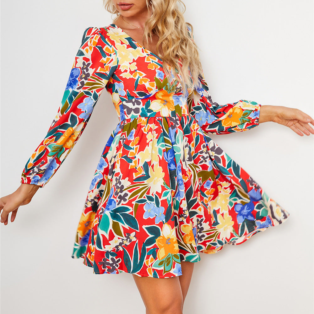 Damen Blütenreiches Sommerkleid mit weitem Rock und eleganten Puffärmeln Stalluxe