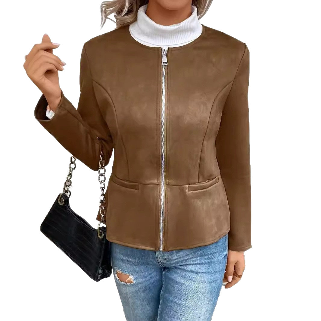 Damen modische Kunstlederjacke mit femininer Passform und Reißverschluss Stalluxe