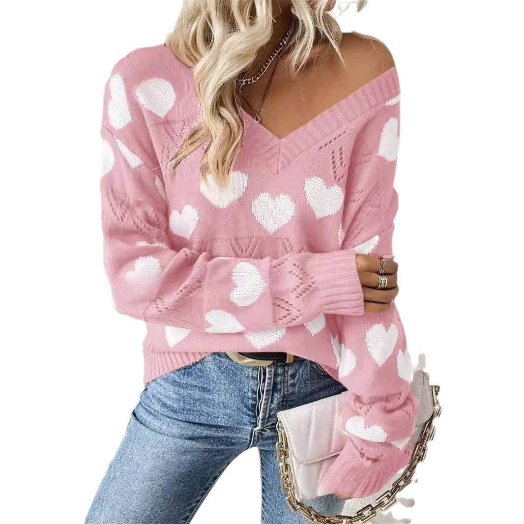 Damen kuscheliger Pullover mit herzförmigem Muster und V-Ausschnitt Stalluxe