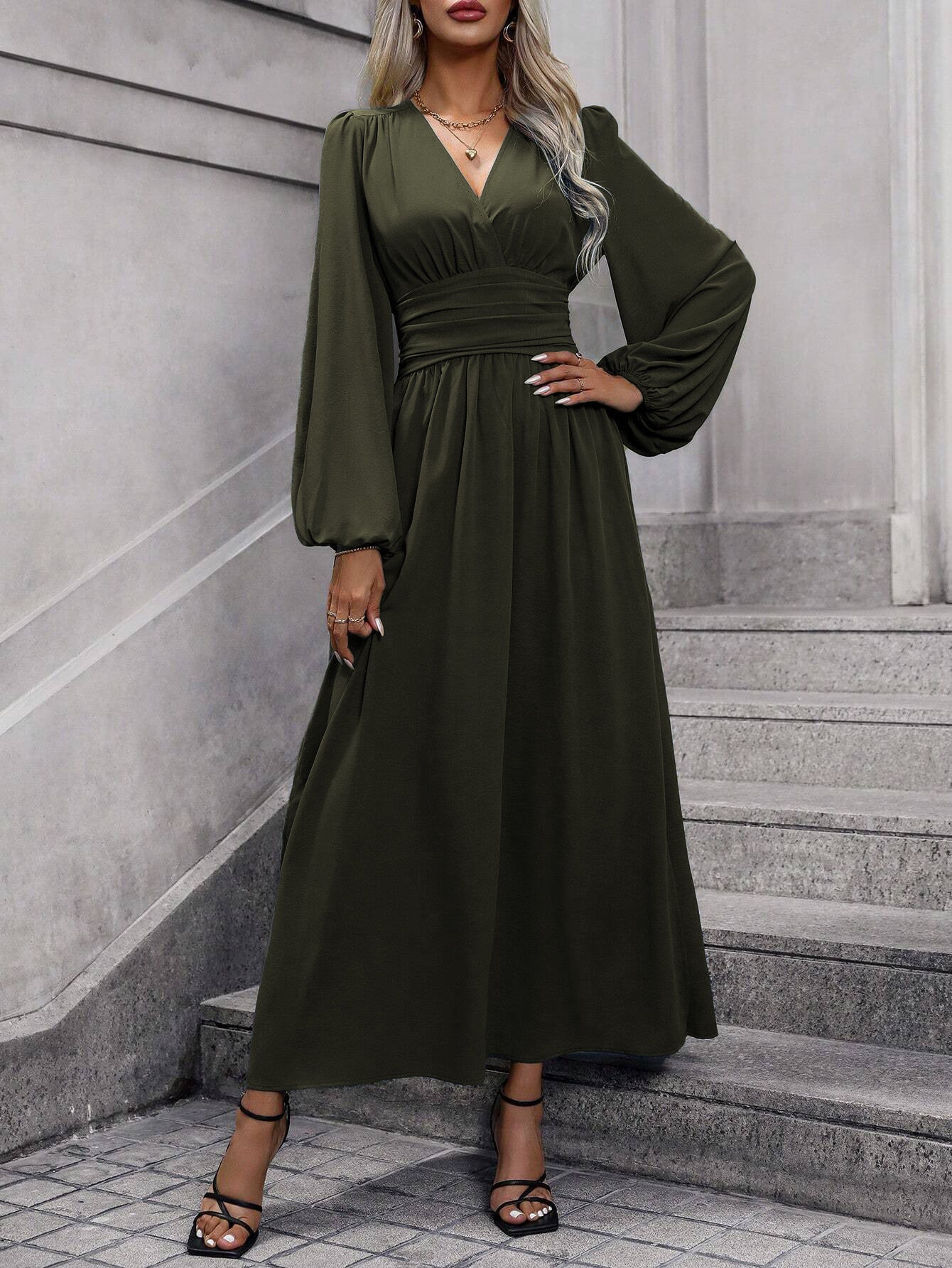 Damen elegantes Maxikleid mit V-Ausschnitt und voluminösen Puffärmeln Stalluxe
