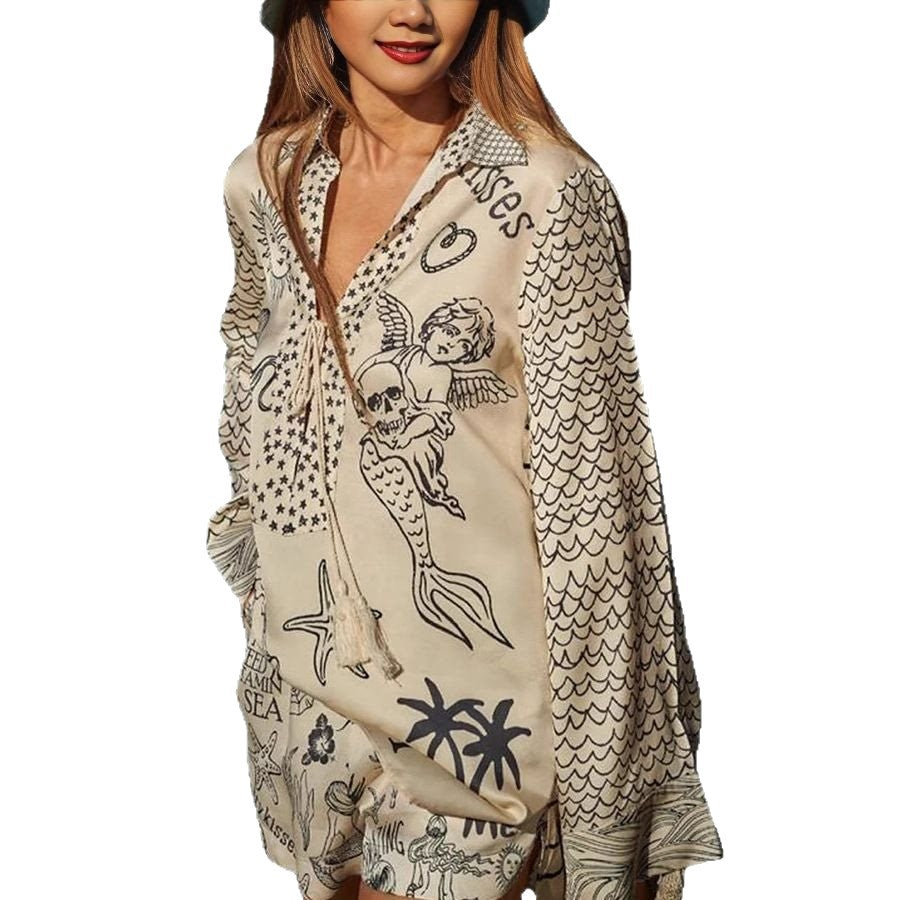 Damen lässige Strandbluse mit kunstvollem maritimem Druck und schickem V-Ausschnitt Stalluxe