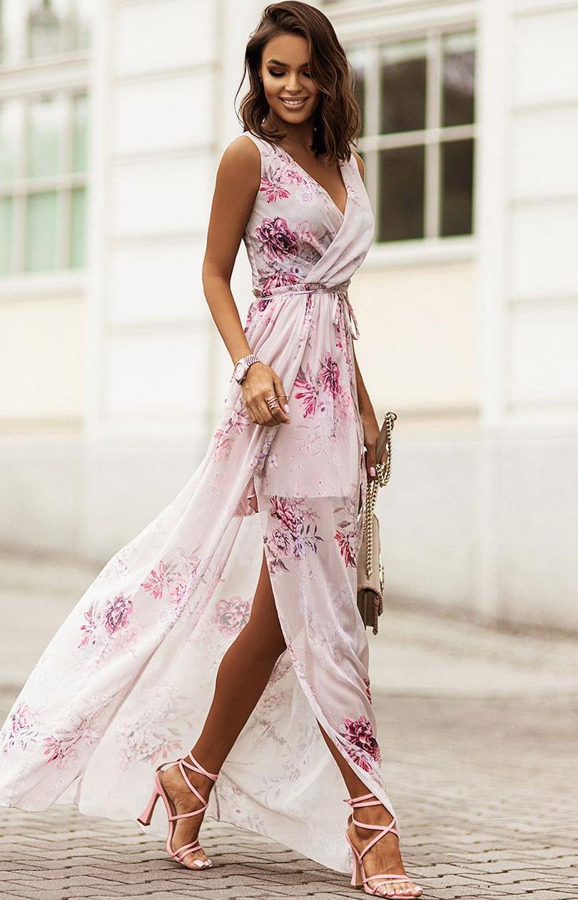 Damen Maxikleid mit verführerischem V-Ausschnitt und zartem Blumenmuster Stalluxe