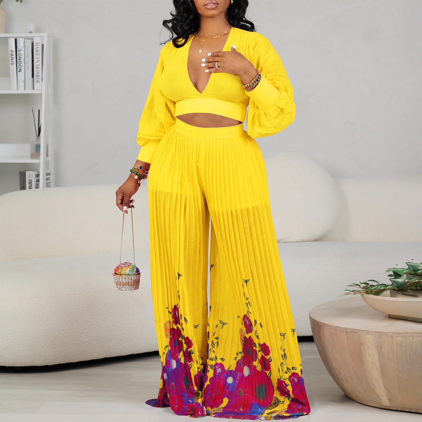 Damen Eleganter Jumpsuit mit weitem Bein und Blumenmuster Stalluxe
