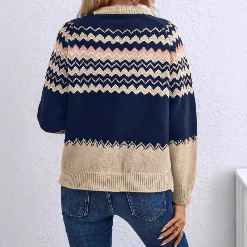 Damen elegante Strickpullover mit modernem Zick-Zack-Muster und Rundhalsausschnitt Stalluxe