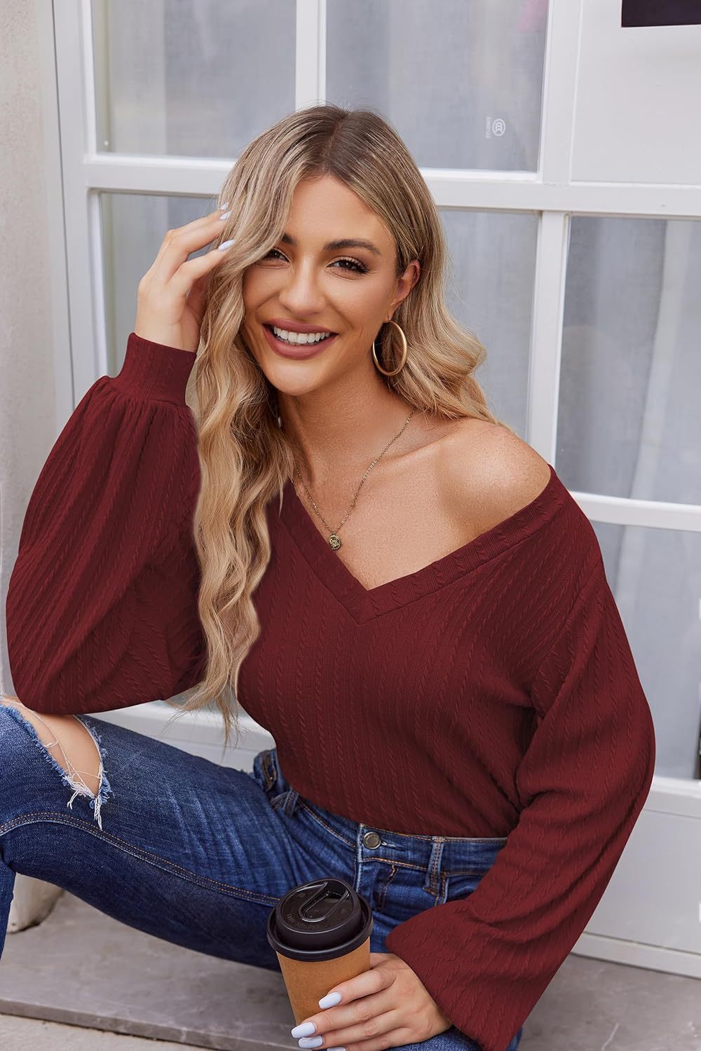Damen Strickbluse mit feiner Rippstruktur und lässigem V-Ausschnitt Stalluxe