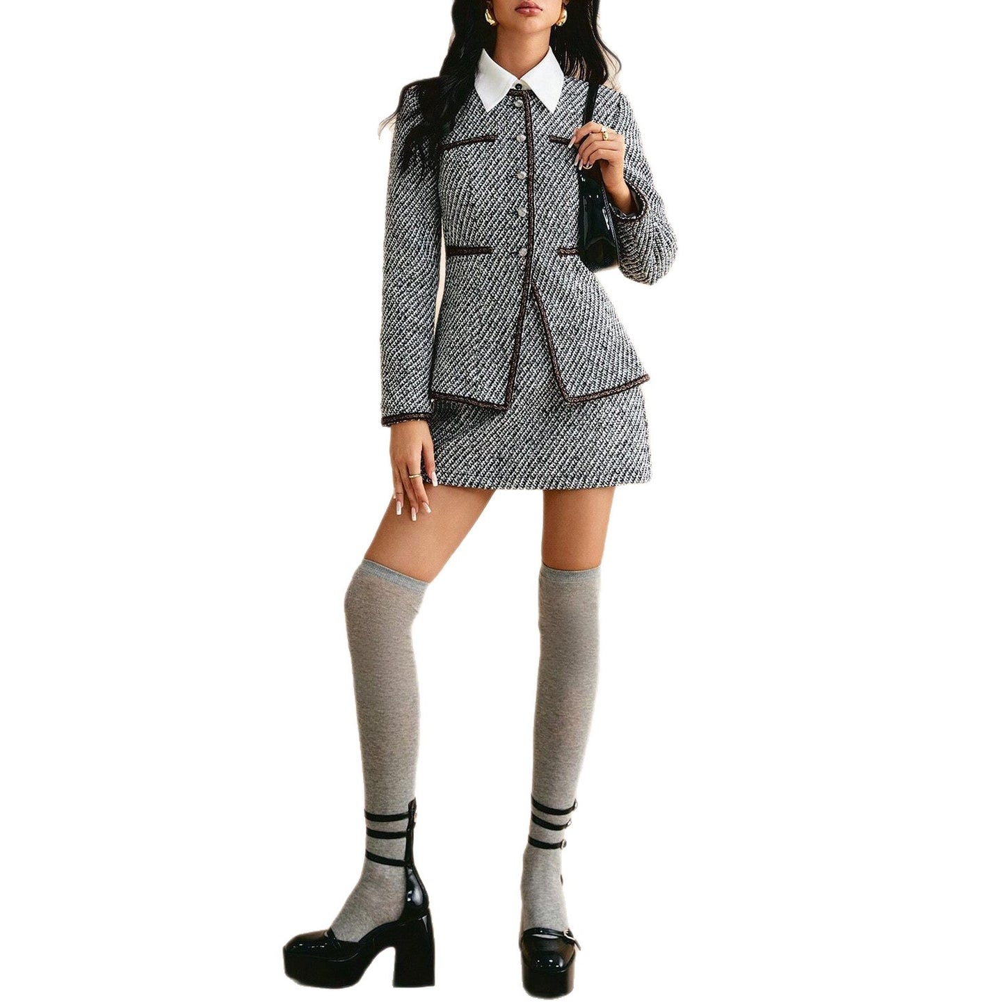 Damen Tweed-Blazer-Rock-Set mit stylischem Kragen und eleganten Details Stalluxe