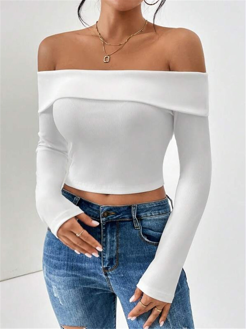 Damen Off-Shoulder Crop-Top mit langen Ärmeln und feiner Rippstruktur Stalluxe