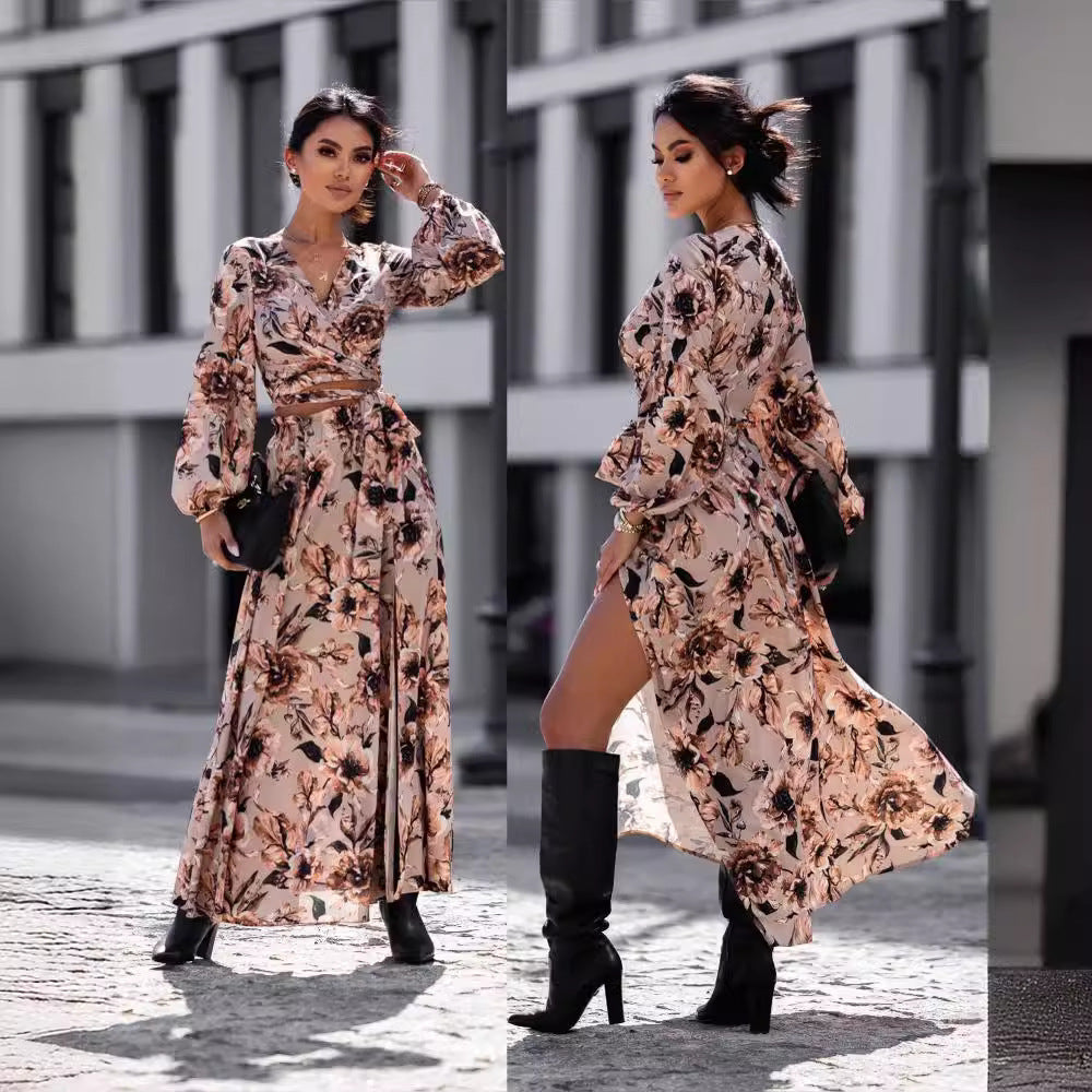Damen Maxikleid im Leopardenmuster mit Wickeldesign und voluminösen Ärmeln Stalluxe