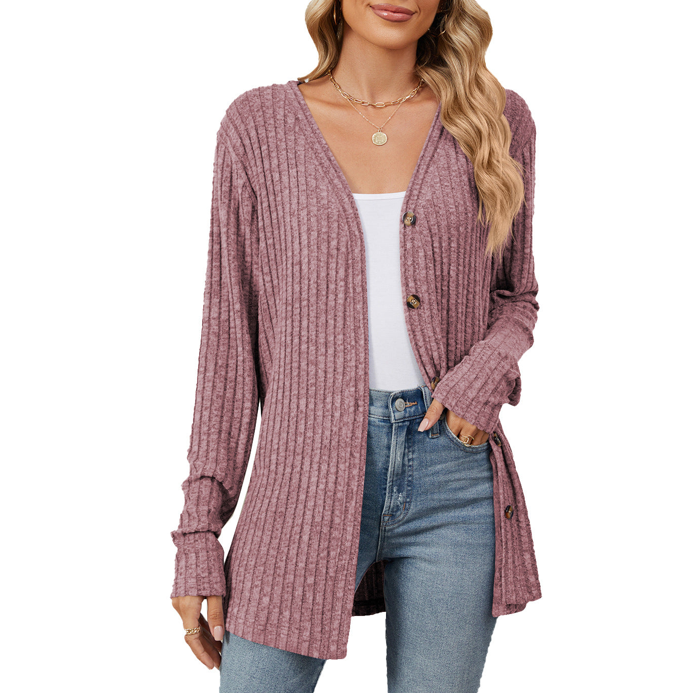 Damen lässige Strickjacke mit feiner Rippstruktur und praktischen Knöpfen Stalluxe