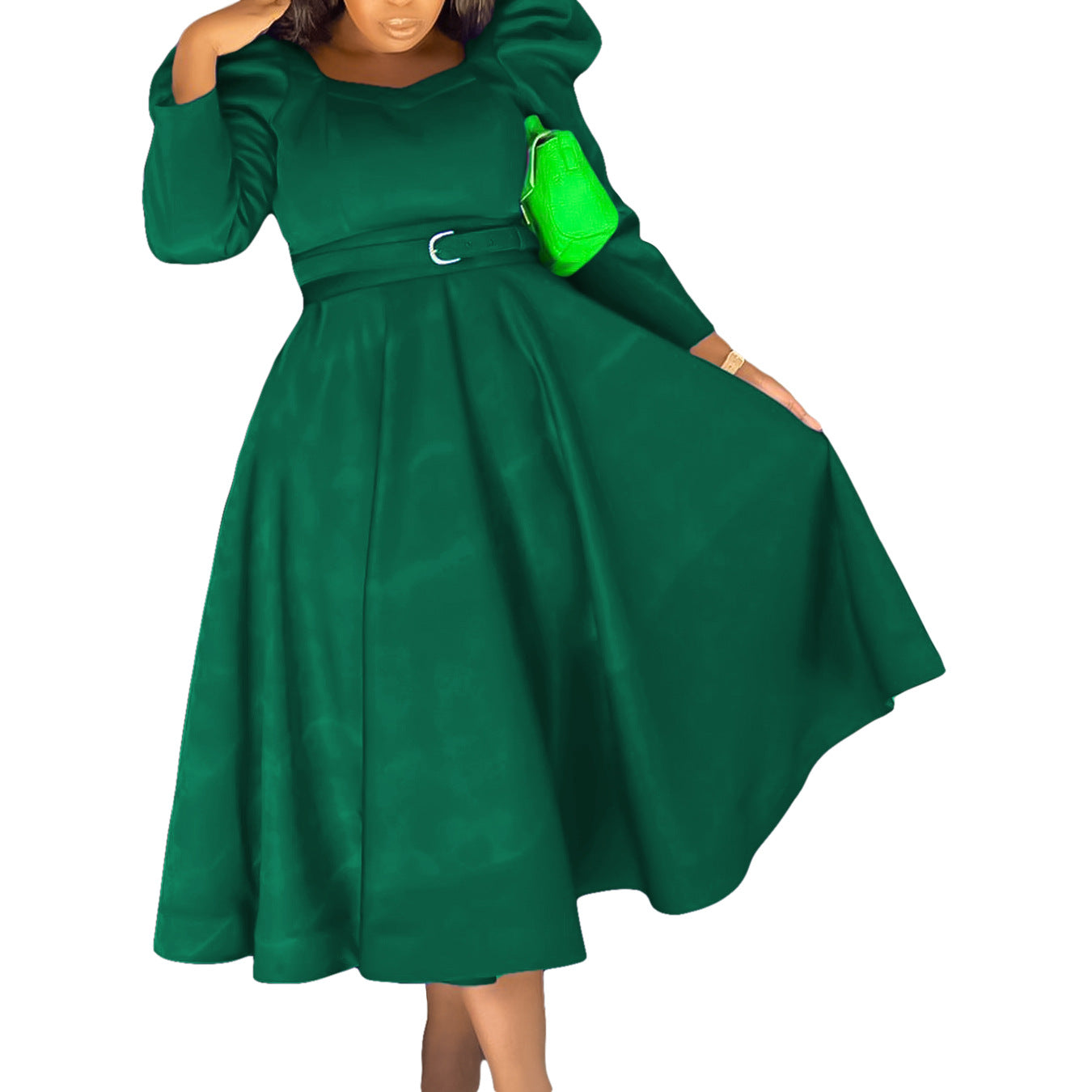Damen Midikleid mit eleganten Puffärmeln und Gürtel Stalluxe
