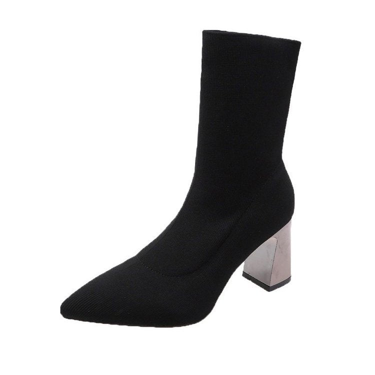 Damen Strickstiefeletten mit spitzem Design und elegantem Blockabsatz Stalluxe