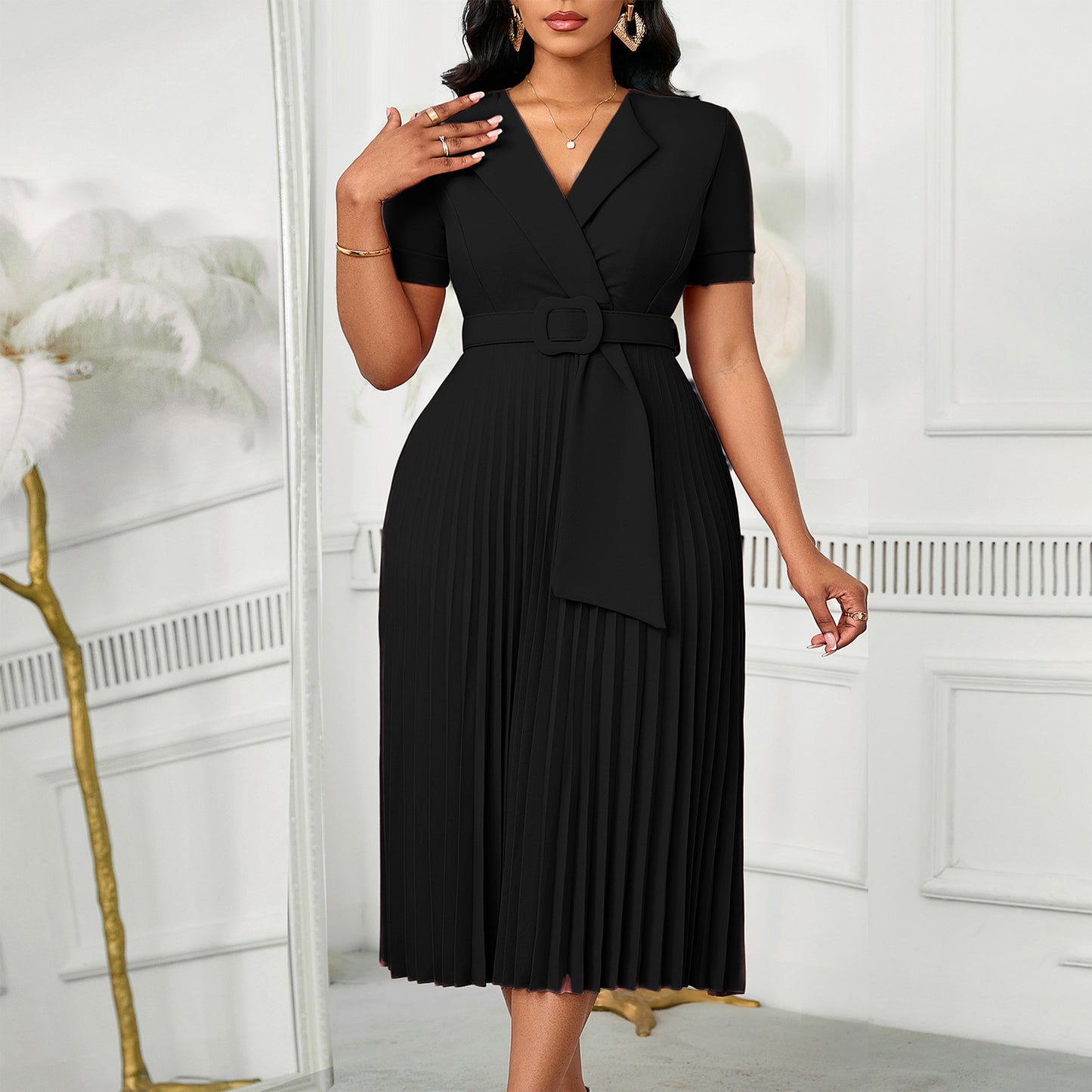 Damen Midikleid mit elegantem Wendegürtel und plissiertem Design Stalluxe