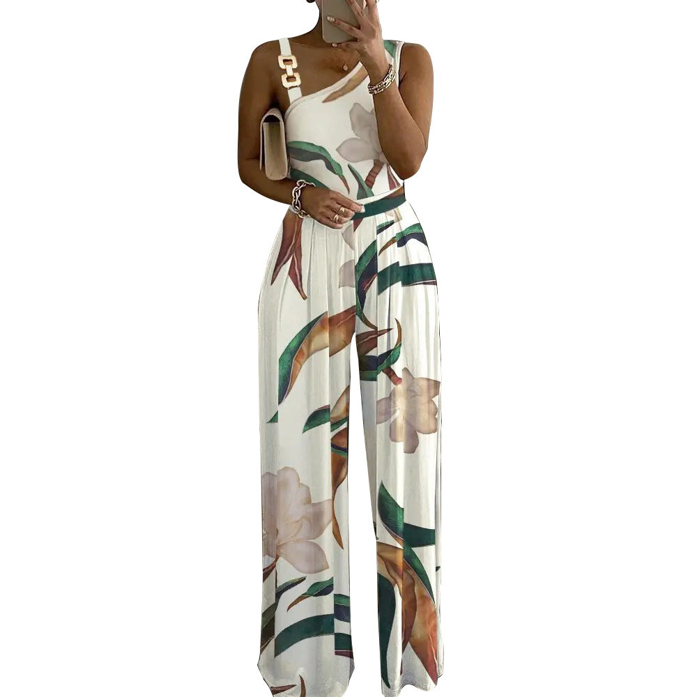 Damen Eleganter Jumpsuit mit floralem Design und asymmetrischem Träger Stalluxe