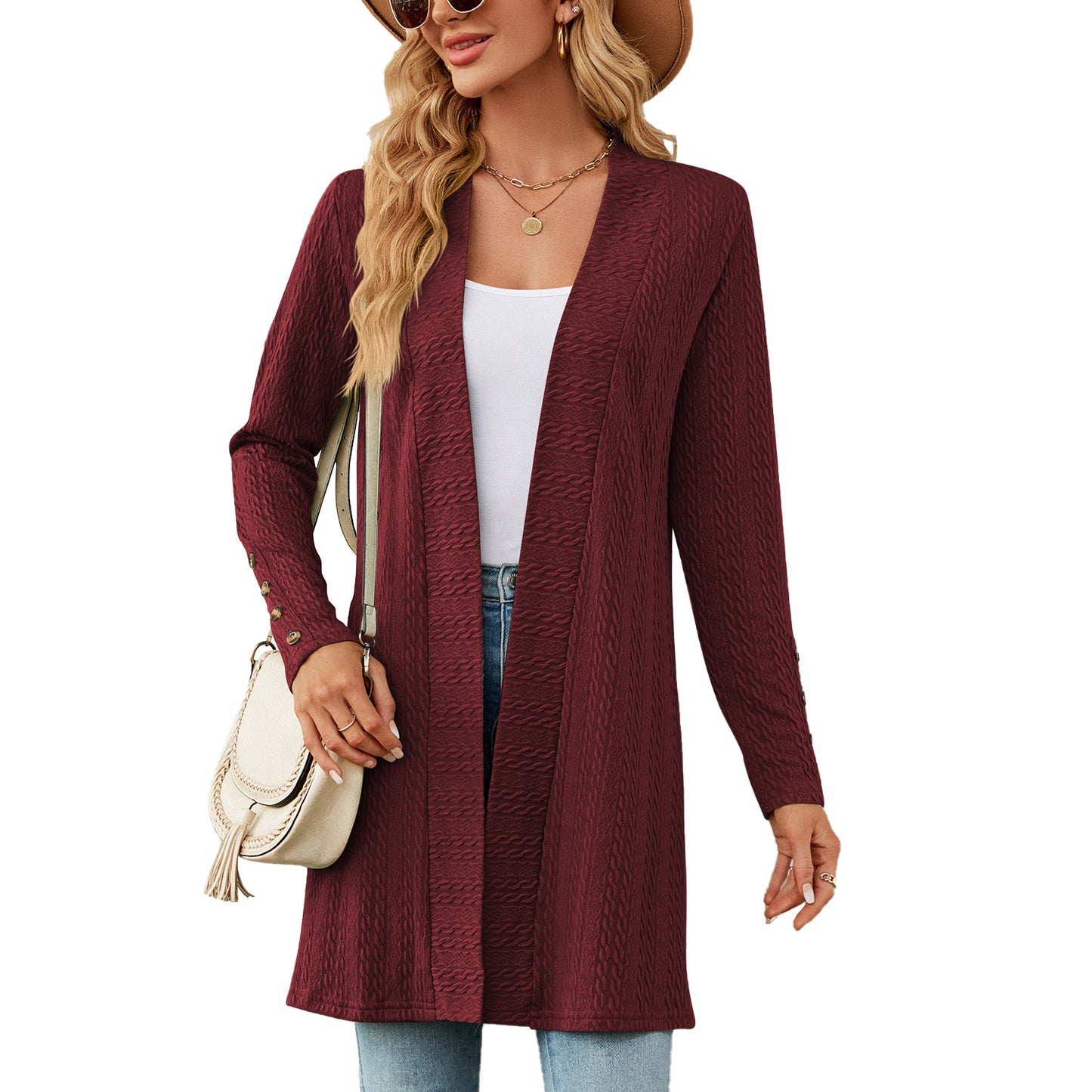 Damen Strickmantel mit modischem Zopfmuster und eleganten Knopfdetails Stalluxe