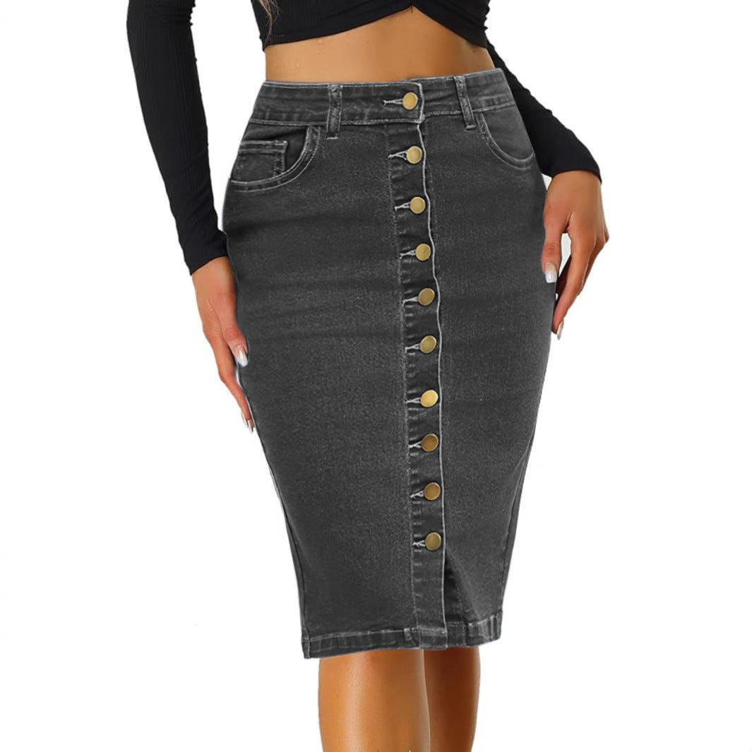 Damen Jeans-Midirock mit durchgehender Knopfleiste und figurschmeichelndem Schnitt Stalluxe