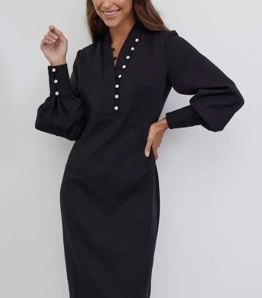 Damen elegantes Kleid mit Puffärmeln und Perlenknopfen Stalluxe