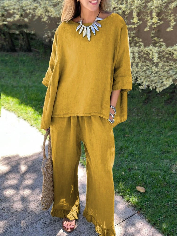 Damen lässiges Leinen-Outfit mit weitem Schnitt und angeschnittenen Ärmeln Stalluxe