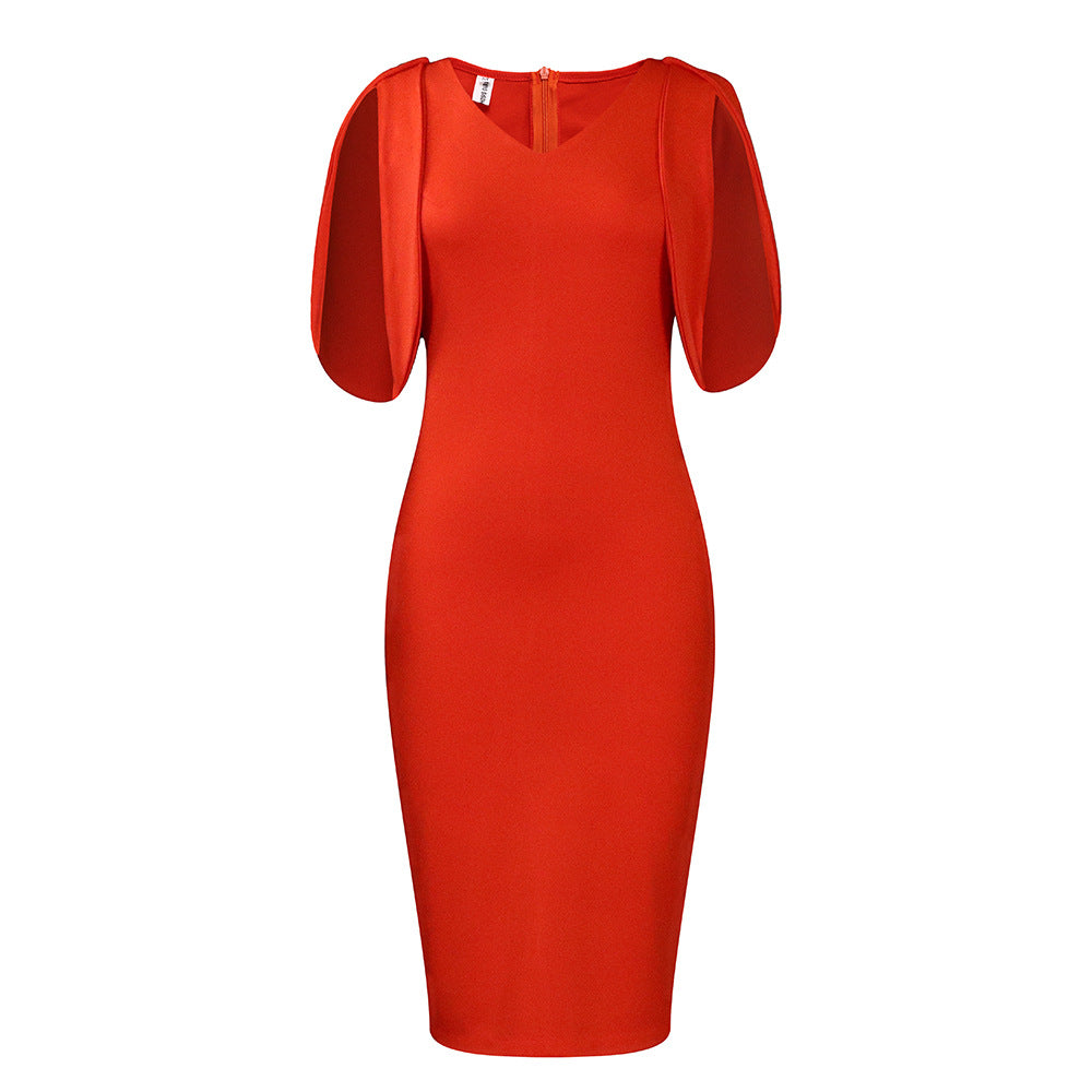 Damen figurbetontes Kleid mit transparenten Puffärmeln und V-Ausschnitt Stalluxe