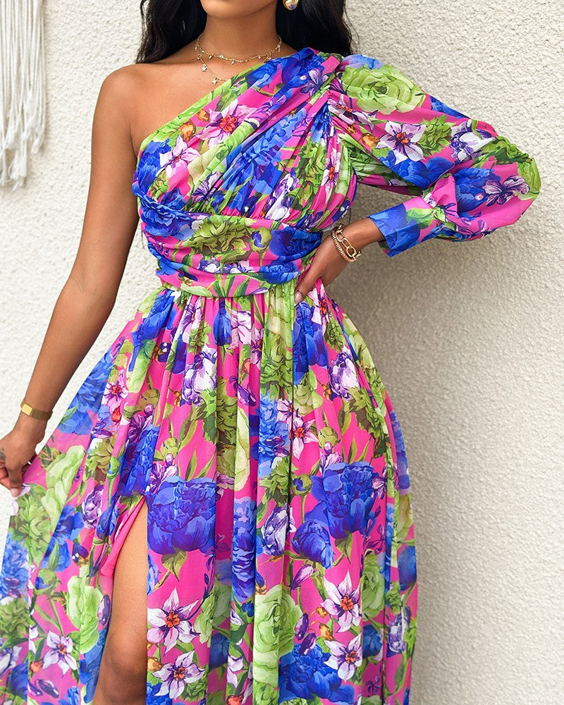 Damen Exquisites One-Shoulder Maxikleid mit floralem Design und Schlitz Stalluxe