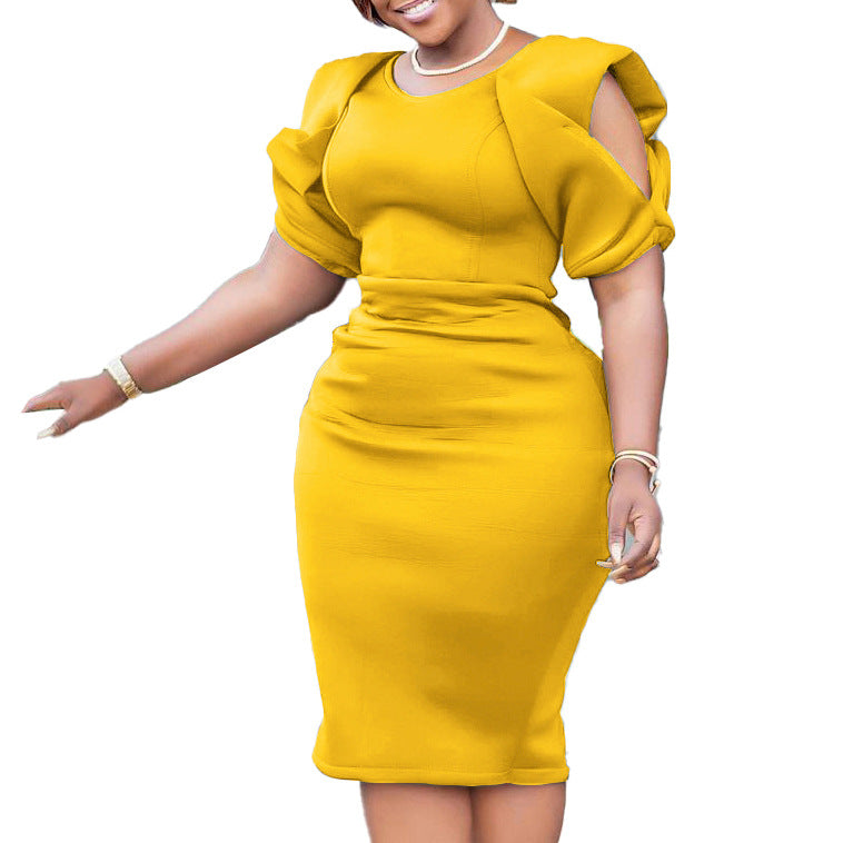Damen Elegantes Figurbetontes Midi-Kleid mit Voluminösen Puffärmeln Stalluxe