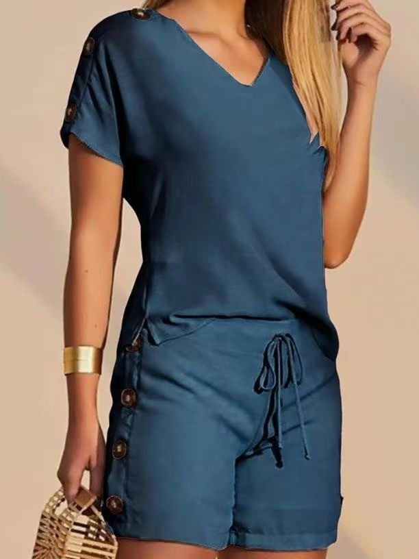 Damen zwei-teiliger Sommeranzug mit Knopfdetails und elastischem Bund Stalluxe