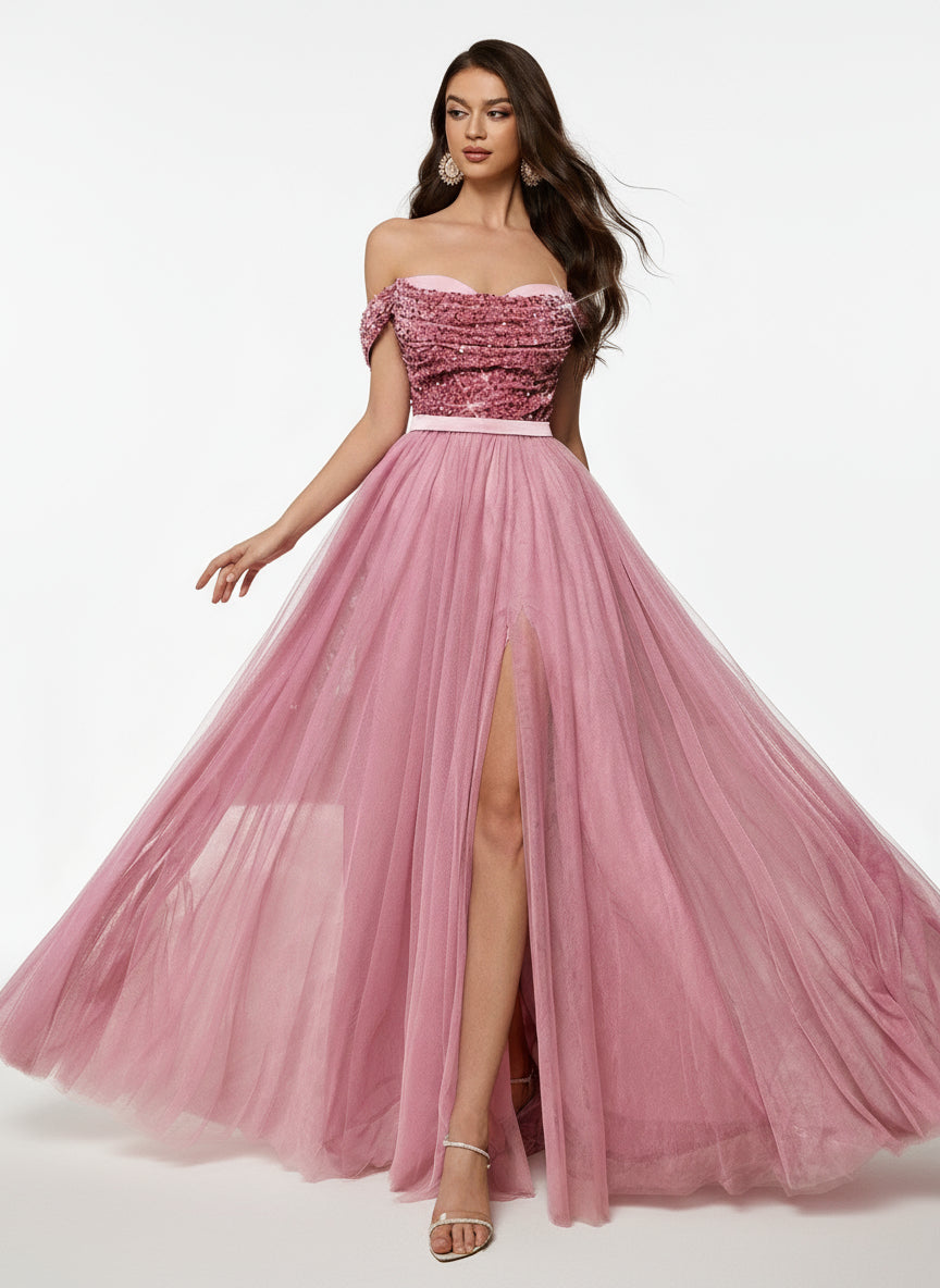 Stalluxe | Romantisches Schulterfreies Abendkleid aus Mesh mit Pailletten und Patchwork