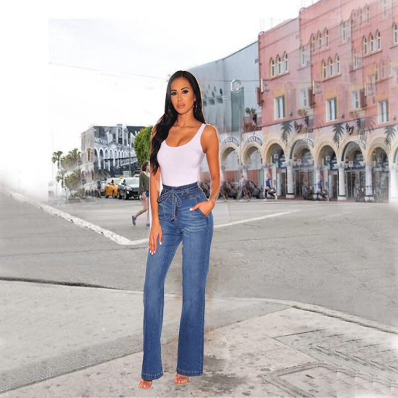Damen High-Waist Jeans mit modischem Bindegürtel Stalluxe