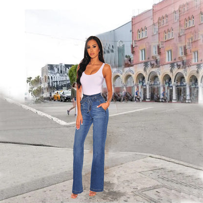 Damen High-Waist Jeans mit modischem Bindegürtel Stalluxe