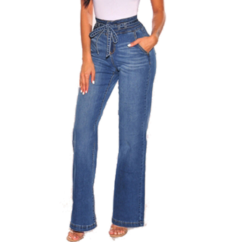 Damen High-Waist Jeans mit modischem Bindegürtel Stalluxe