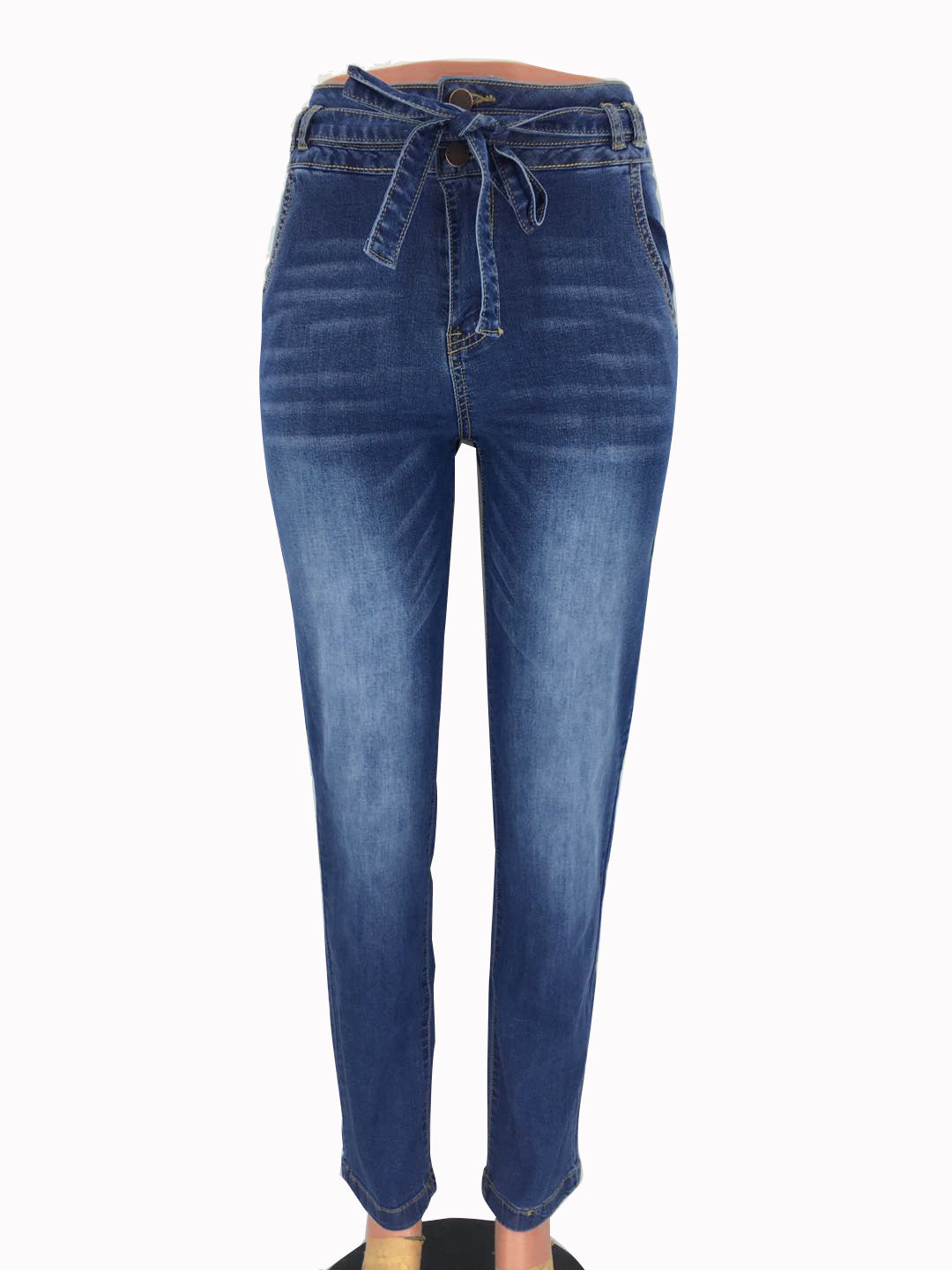 Damen High-Waist Jeans mit modischem Bindegürtel Stalluxe Dunkelblau