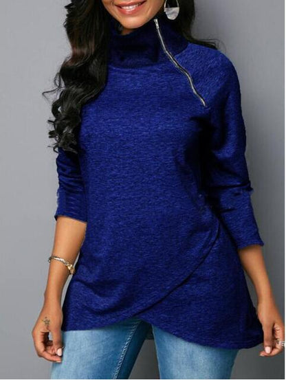 Damen lässiger Zipper-Pullover mit asymmetrischem Saum und Stehkragen Stalluxe