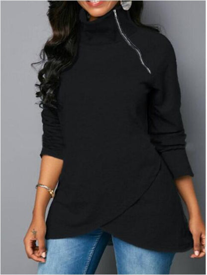 Damen lässiger Zipper-Pullover mit asymmetrischem Saum und Stehkragen Stalluxe