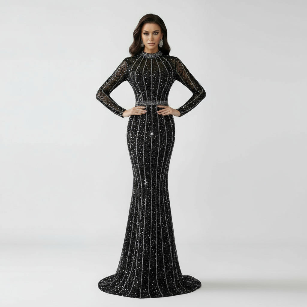 Stalluxe | Elegantes Glitzer Strass Langarm Festkleid