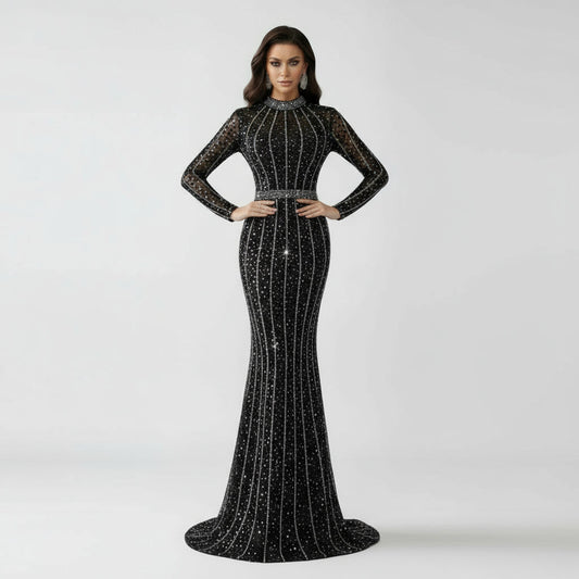 Stalluxe | Elegantes Glitzer Strass Langarm Festkleid