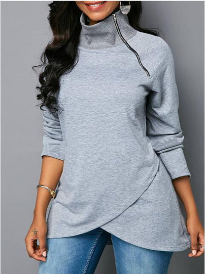 Damen lässiger Zipper-Pullover mit asymmetrischem Saum und Stehkragen Stalluxe