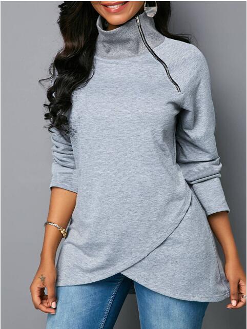 Damen lässiger Zipper-Pullover mit asymmetrischem Saum und Stehkragen Stalluxe