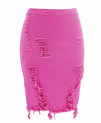Damen figurbetonter Jeansrock mit fransigen Akzenten Stalluxe Pfirsichrot
