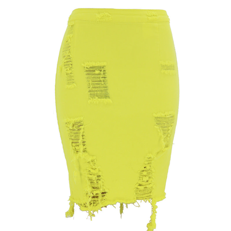 Damen figurbetonter Jeansrock mit fransigen Akzenten Stalluxe Silbergelb