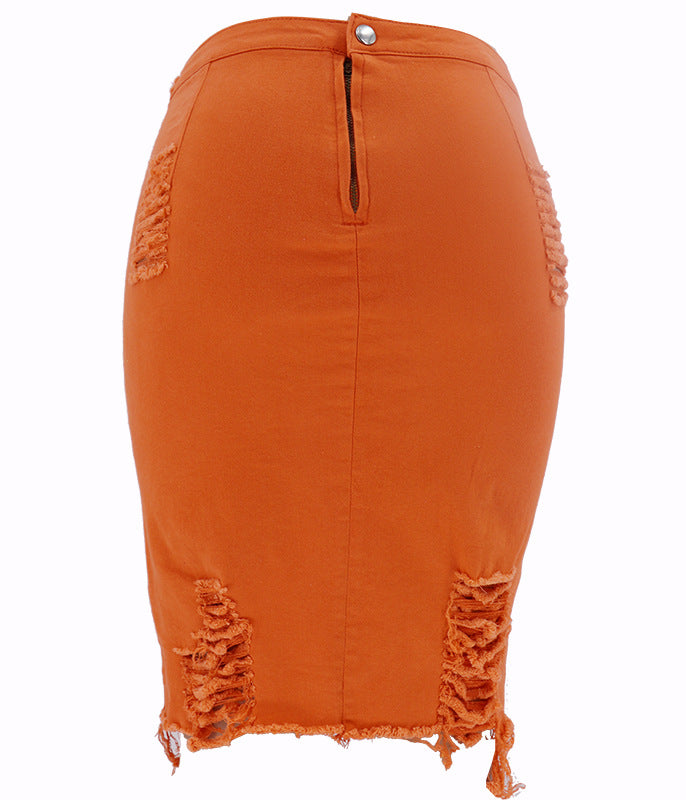 Damen figurbetonter Jeansrock mit fransigen Akzenten Stalluxe Orange