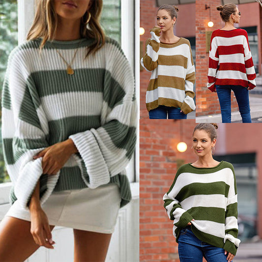 Damen lässiger Strickpullover mit breiten Streifen Stalluxe