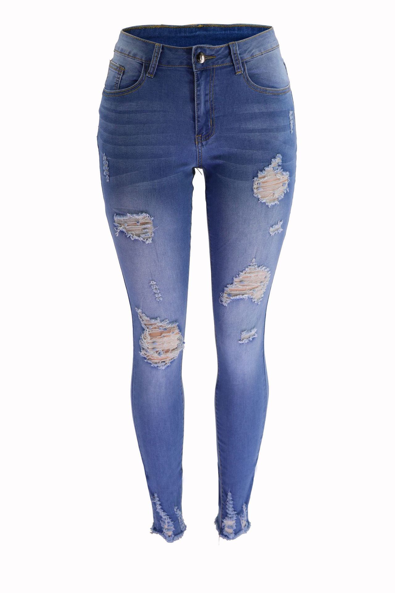 Damen Skinny Jeans im modernen Destroyed-Look mit trendigen Riss-Details Stalluxe Hellblau