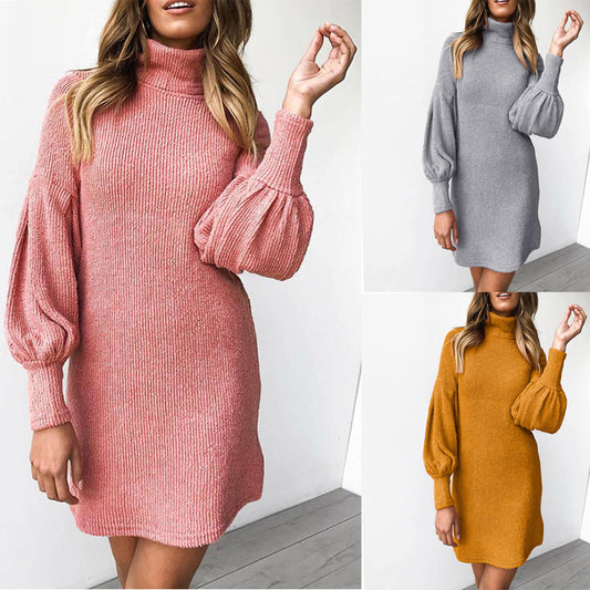 Damen Strickkleid mit hohem Kragen und voluminösen Ärmeln Stalluxe